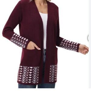 Frye Open Front Knit Cardigan Women Small Dark Red Patterned Longline